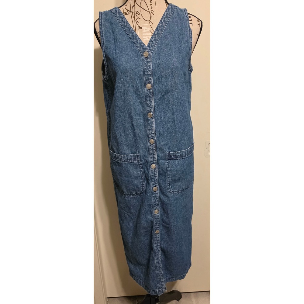 Talbots Vintage Denim Jumper Dress 8P Blue Cotton Button Front Midi Cottagecore